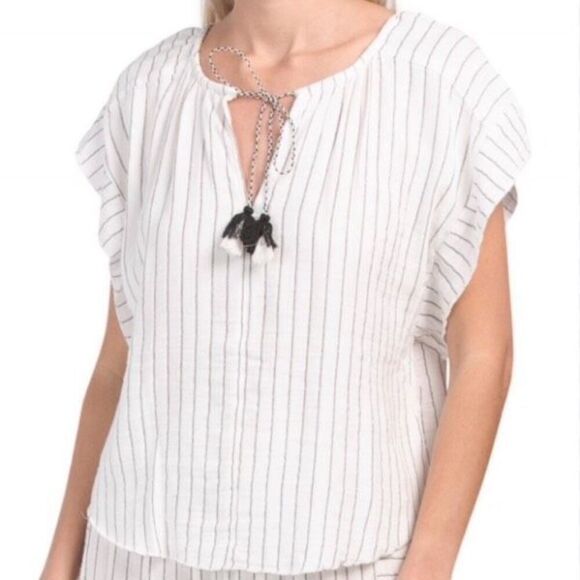 Joie‎ Striped Top Gauzy Fringe Tie Peasant Boho SS Shirt Small White Black - Picture 1 of 11